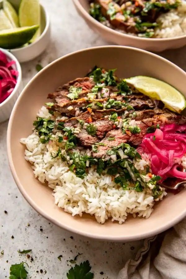 Skirt Steak Rice Bowls with Chimichurri Sauce